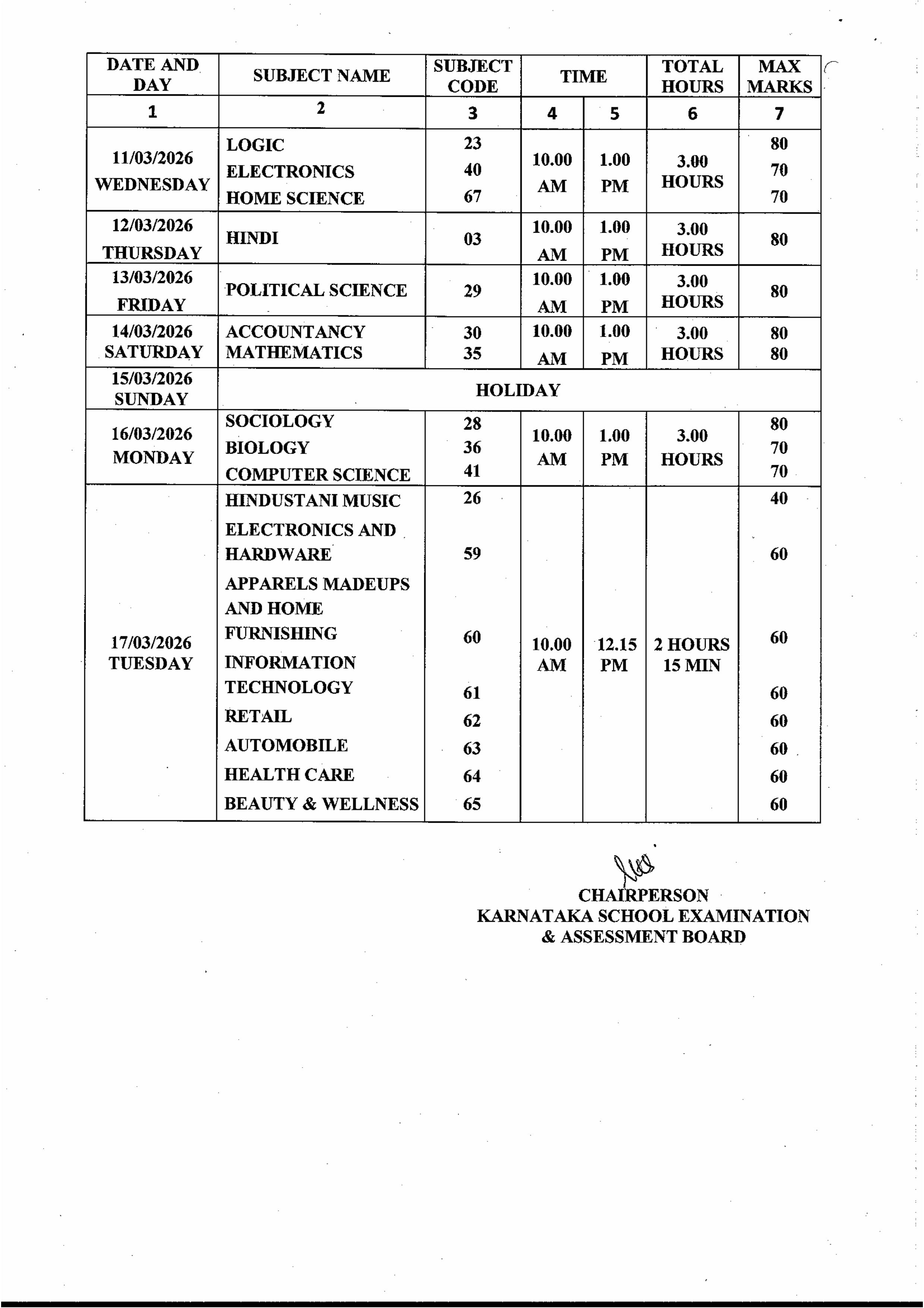 Final Exam Time Table