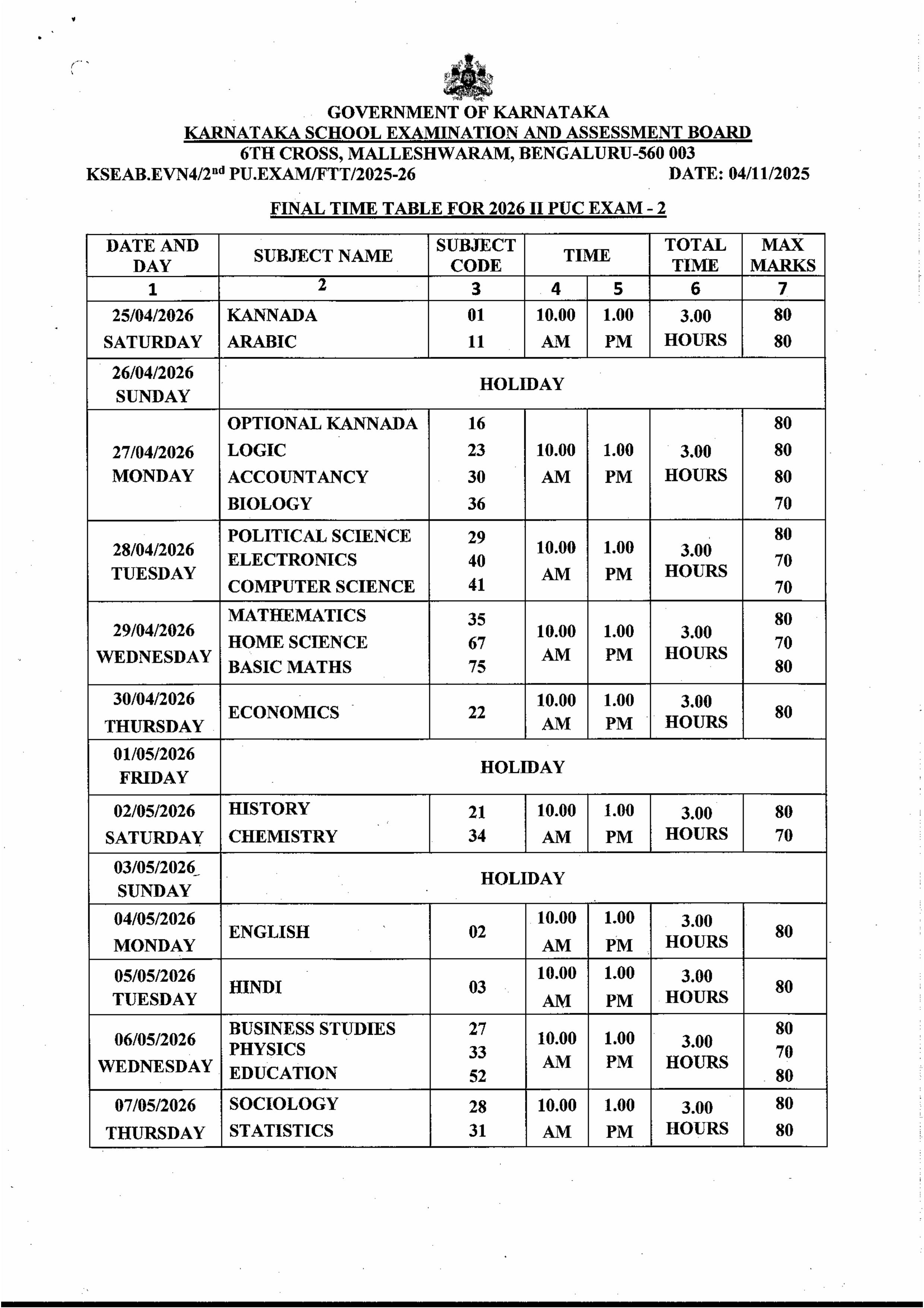 Final Exam Time Table